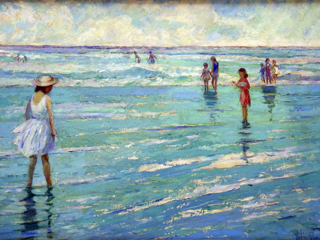 Photo credit:  Pauline Palmer (1867 0 1938), On the Beach, ca. 1918, oil on board, 36 ¼ x 47 1/8 in. Gift of Percy H. Sloan, 53.01.051.