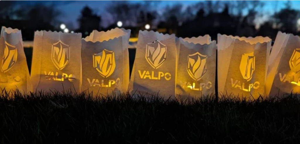 Valparaiso University Luminary bags glowing as the day turns to night.