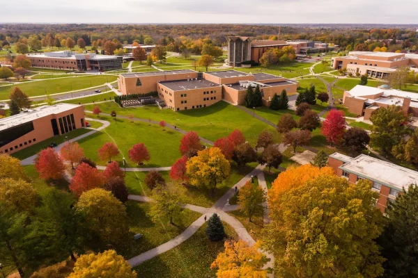 Aerial view of campus in the fall